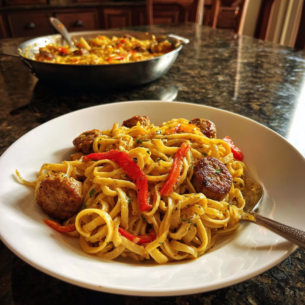 One Pot Creamy Garlic Cajun Sausage Pasta